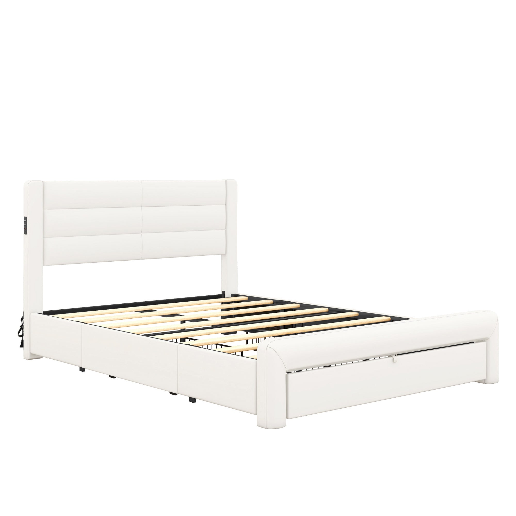 Queen Size Bed Frame with Drawers Storage, Leather queen-white-pu leather
