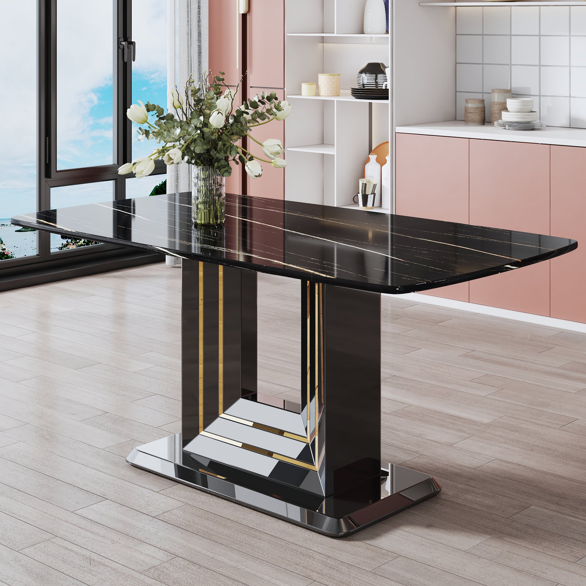 Dining Table. Black Imitation Marble Pattern Desktop. Black Mdf Table Legs, Gold Lines, Black Base. Suitable For Kitchen And Living Room 63"*35.4"30" F Sq Black Mdf Glass