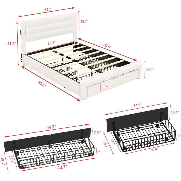 Queen Size Bed Frame with Drawers Storage, Leather queen-white-pu leather