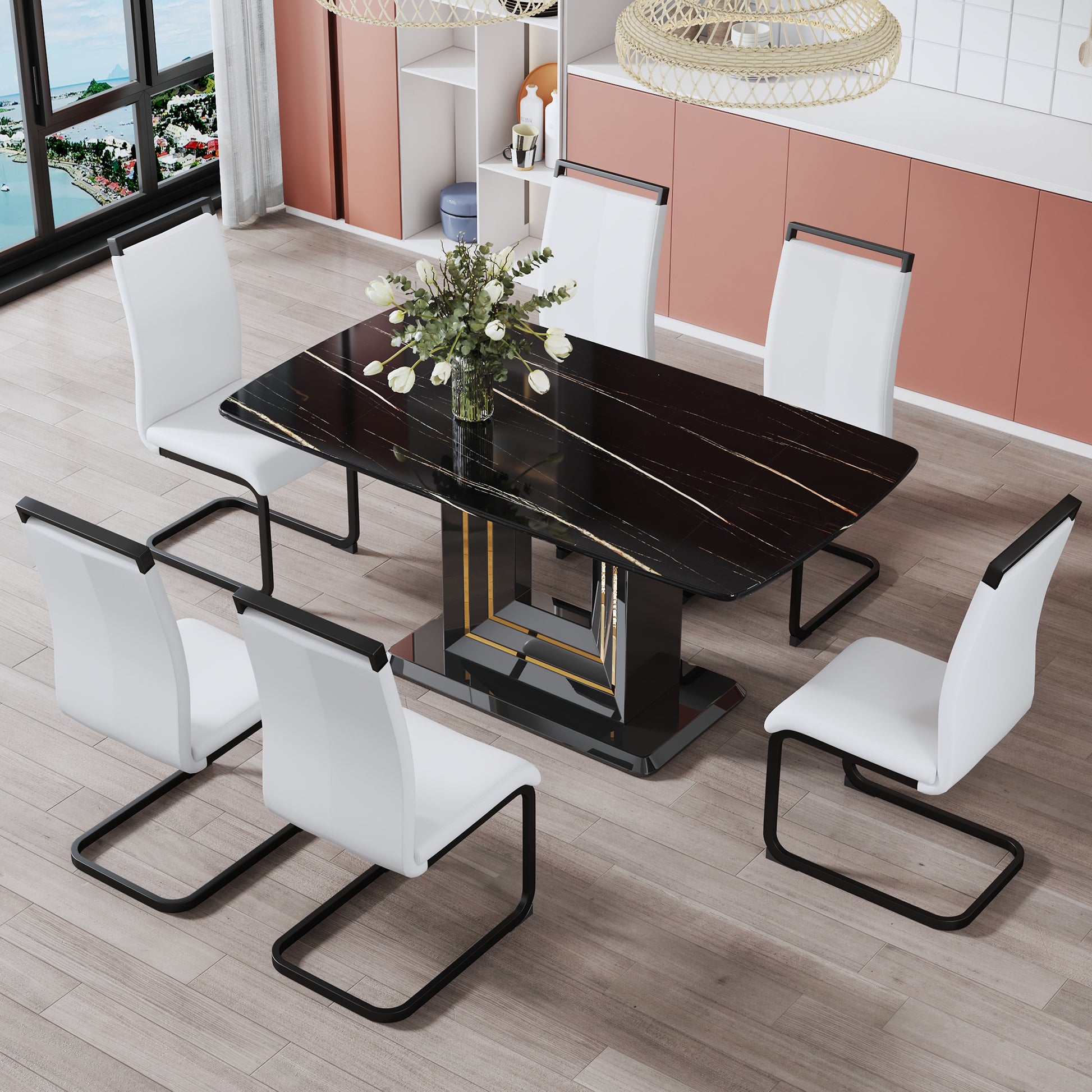 Dining Table. Black Imitation Marble Pattern Desktop. Black Mdf Table Legs, Gold Lines, Black Base. Suitable For Kitchen And Living Room 63"*35.4"30" F Sq Black Mdf Glass