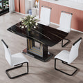 A Table And Four Chairs. The Table Features A Black Imitation Marble Pattern Tabletop And Black Gold Mdf Legs. The Chair Has A White Pu Backrest Cushion And Black Metal Legs. F Sq C 1162 Black Gold Mdf Glass