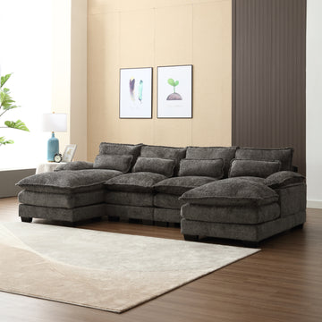 United We Win Modern Large Chenille Fabric U Shape Sectional Sofa Gray Boucle