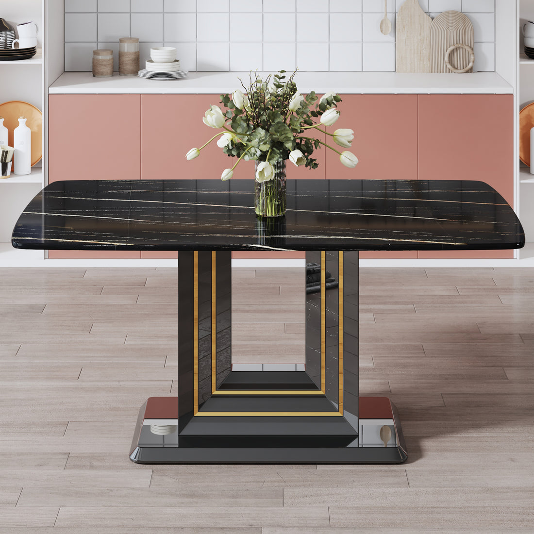 Dining Table. Black Imitation Marble Pattern Desktop. Black Mdf Table Legs, Gold Lines, Black Base. Suitable For Kitchen And Living Room 63"*35.4"30" F Sq Black Mdf Glass