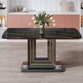 Table And Chair Set, 1 Table, 4 Pu Chairs. Black Imitation Marble Pattern Desktop. Black Mdf Table Legs. Chair With Orange Dark Gray Dual Tone Pu Leather Backrest And Black Metal Legs F Sq C 007 Black Mdf Glass