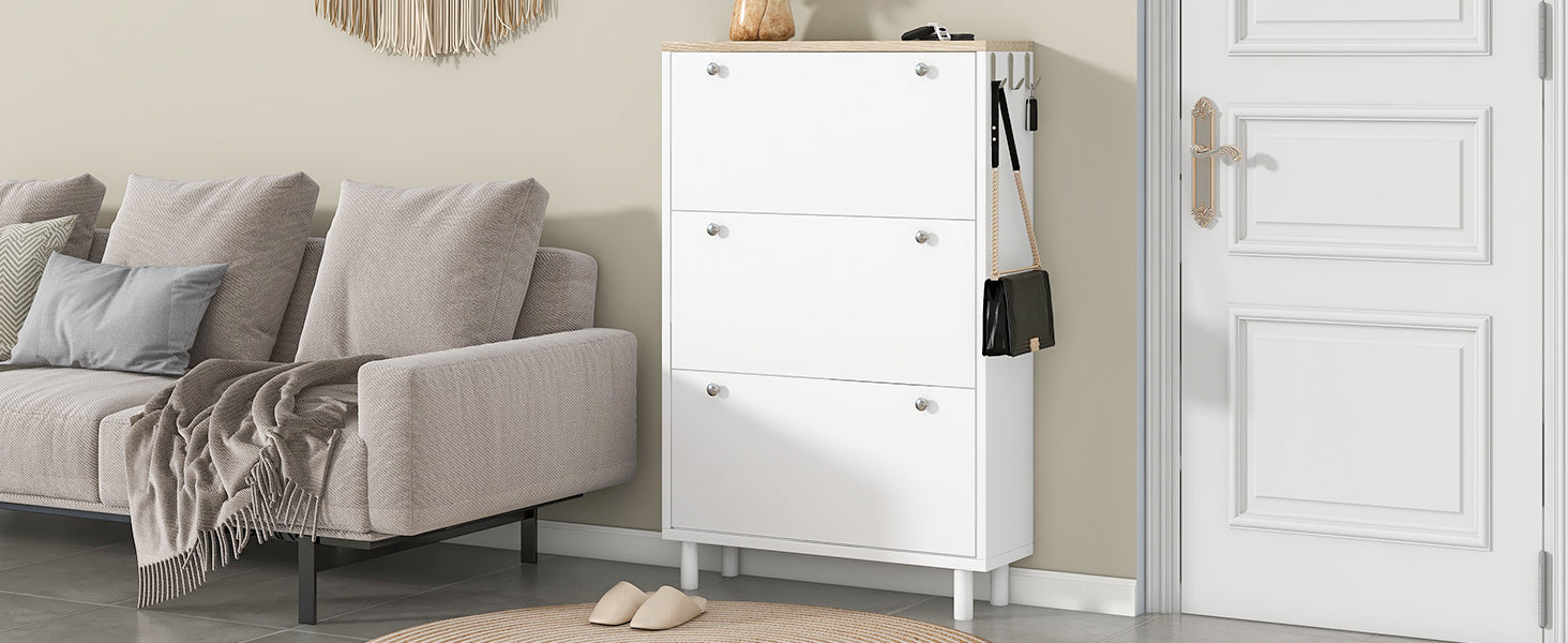 Narrow Design Shoe Cabinet With 3 Flip Drawers, Wood Grain Pattern Top Entryway Organizer With 3 Hooks, Free Standing Shoe Rack With Adjustable Panel For Hallway, White Freestanding 3 4 Drawers White Primary Living Space Shelves Included Particle Board