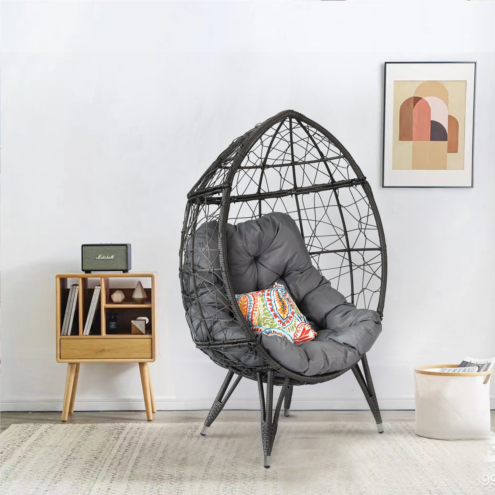 Outdoor Patio Wicker Egg Chair Indoor Basket Wicker Chair With Grey Cusion For Backyard Poolside Charcoal Grey Stainless Steel