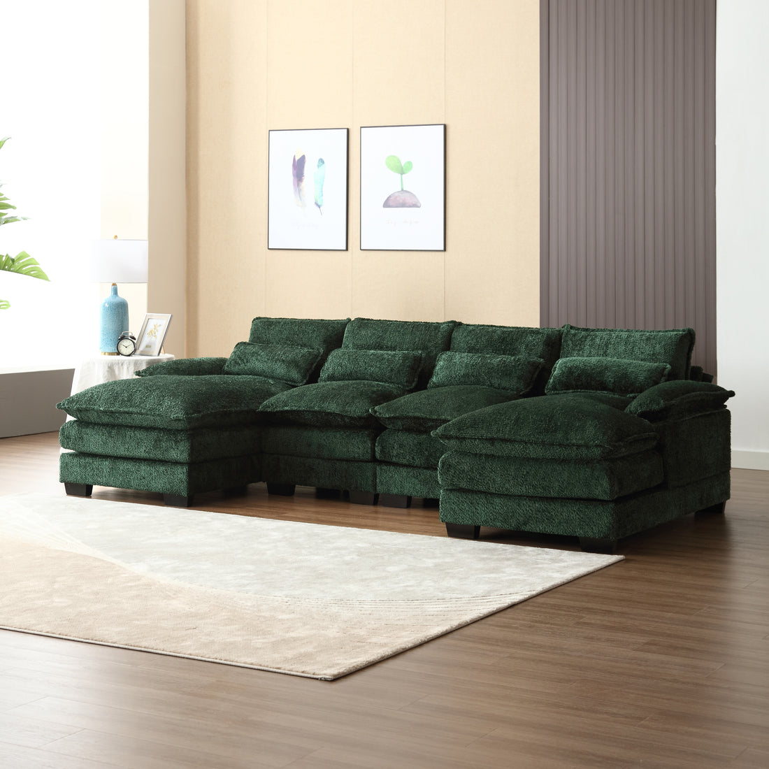 United We Win Modern Large Chenille Fabric U Shape Sectional Sofa Emerald Chenille