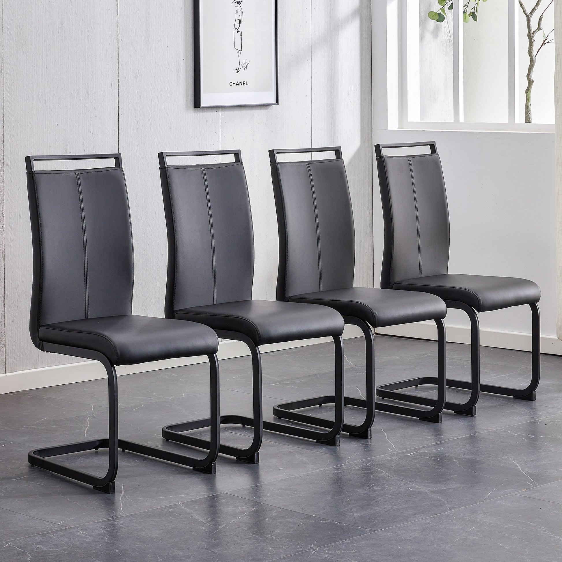 A Table And Six Chairs. The Table Features A Black Imitation Marble Pattern Tabletop And Black Gold Mdf Legs. The Chair Has A Black Pu Backrest Cushion And Black Metal Legs. F Sq C 1162 Black Gold Mdf Glass