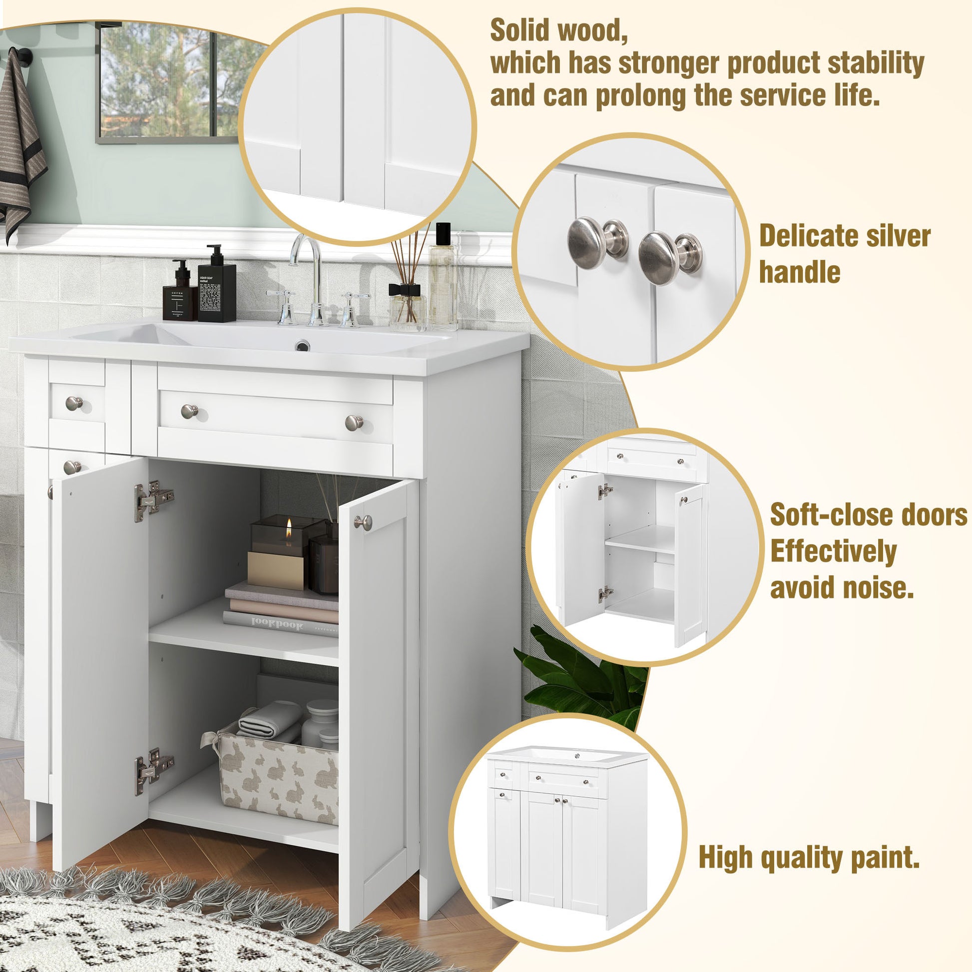 30" White Bathroom Vanity With Single Sink ,Combo Cabinet Undermount Sink,Bathroom Storage Cabinet Vanities White Mdf