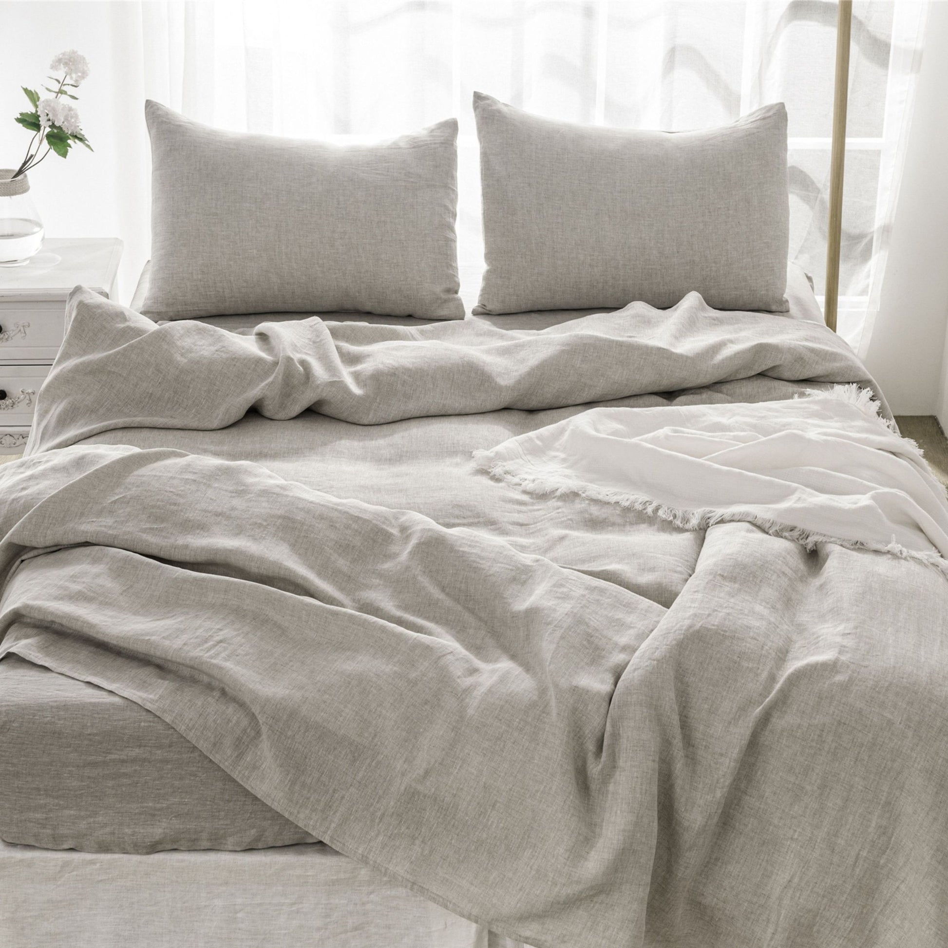 4 Pcs California King Bed Set, Premium Linen Bedding Sheets & Pillowcases, California King Bed In A Bag, Greige Bedding Sheet & Pillowcase Sets Greige Linen Linen