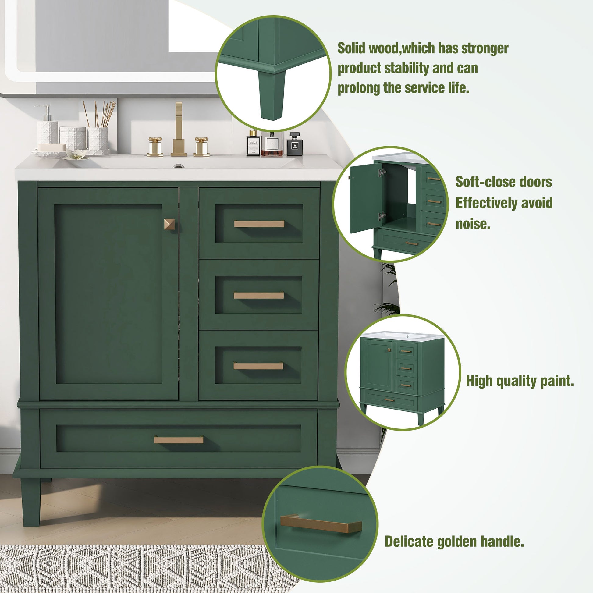 30" Bathroom Vanity In Green, Modern Bathroom Cabinet With Sink Combo Set, Bathroom Storage Cabinet With A Soft Closing Door And 3 Drawers, Solid Wood Frame Resin Basin Green Solid Wood Mdf