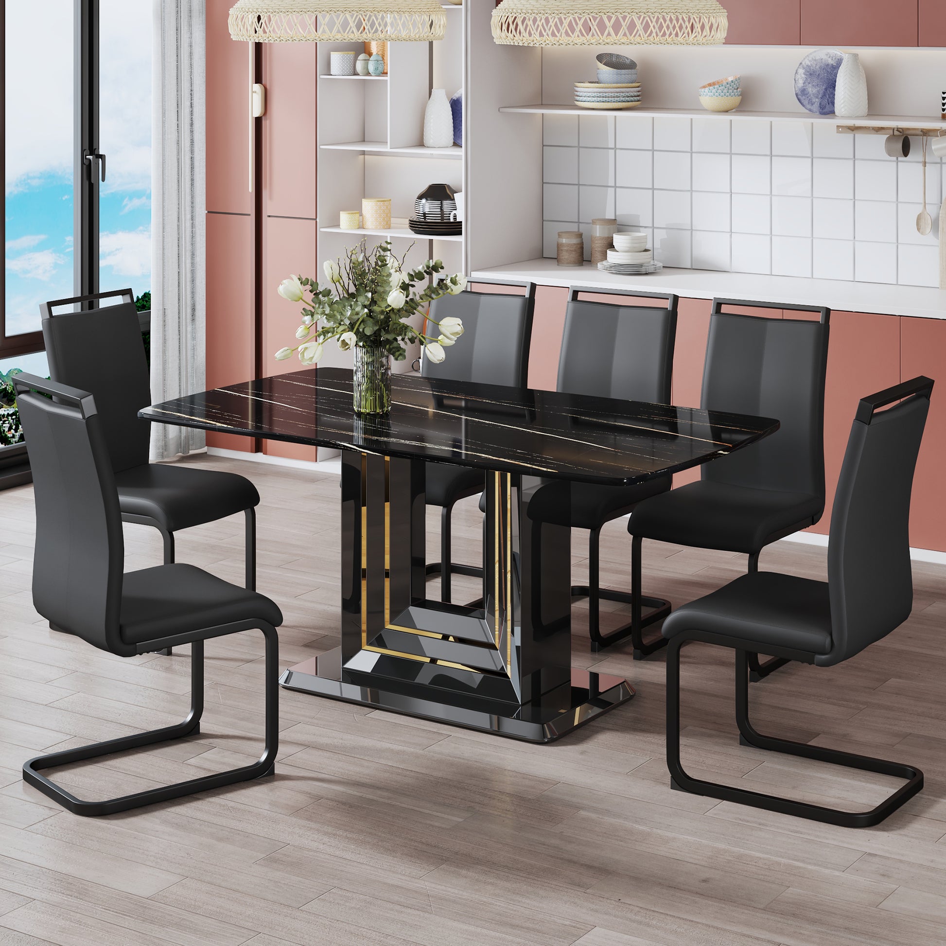 Dining Table. Black Imitation Marble Pattern Desktop. Black Mdf Table Legs, Gold Lines, Black Base. Suitable For Kitchen And Living Room 63"*35.4"30" F Sq Black Mdf Glass