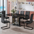 A Table And Six Chairs. The Table Features A Black Imitation Marble Pattern Tabletop And Black Gold Mdf Legs. The Chair Has A Black Pu Backrest Cushion And Black Metal Legs. F Sq C 1162 Black Gold Mdf Glass