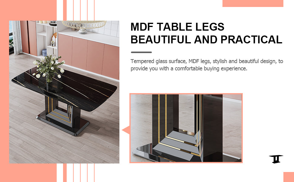 Dining Table. Black Imitation Marble Pattern Desktop. Black Mdf Table Legs, Gold Lines, Black Base. Suitable For Kitchen And Living Room 63"*35.4"30" F Sq Black Mdf Glass