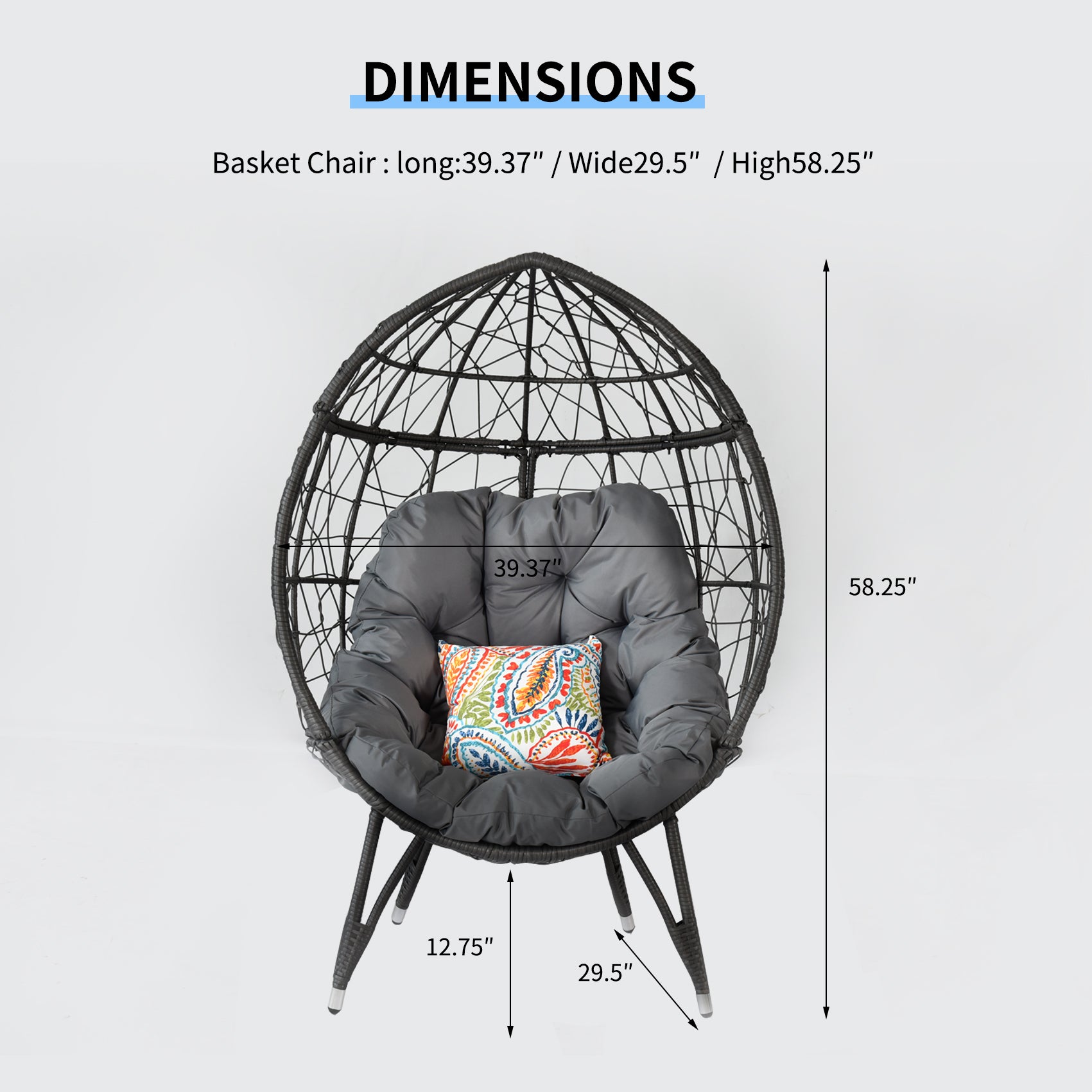 Outdoor Patio Wicker Egg Chair Indoor Basket Wicker Chair With Grey Cusion For Backyard Poolside Charcoal Grey Stainless Steel