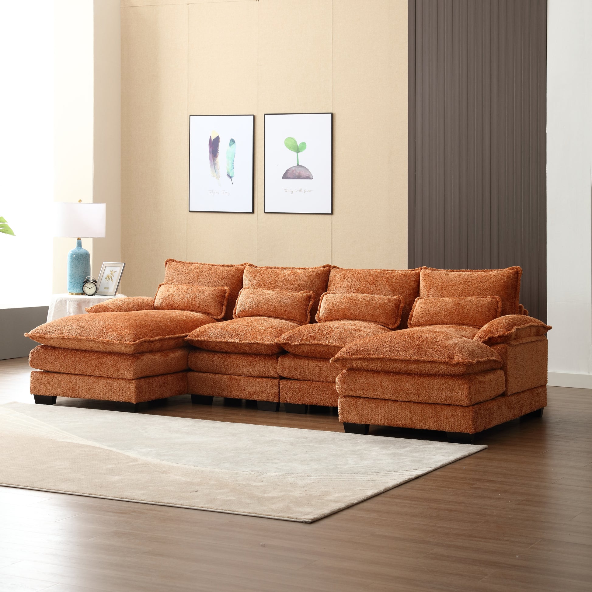 United We Win Modern Large Chenille Fabric U Shape Sectional Sofa Orange Chenille