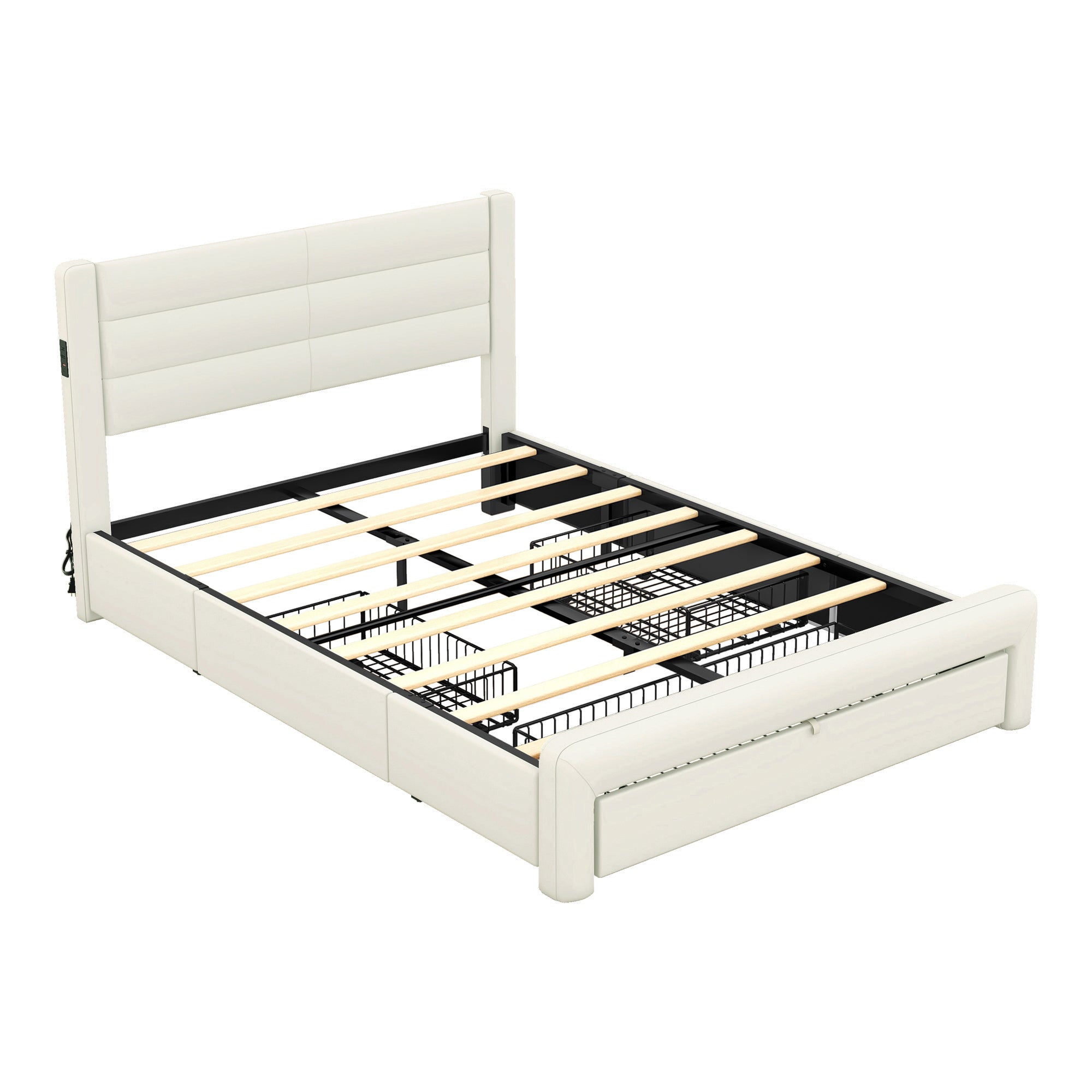 Queen Size Bed Frame with Drawers Storage, Leather queen-beige-pu leather