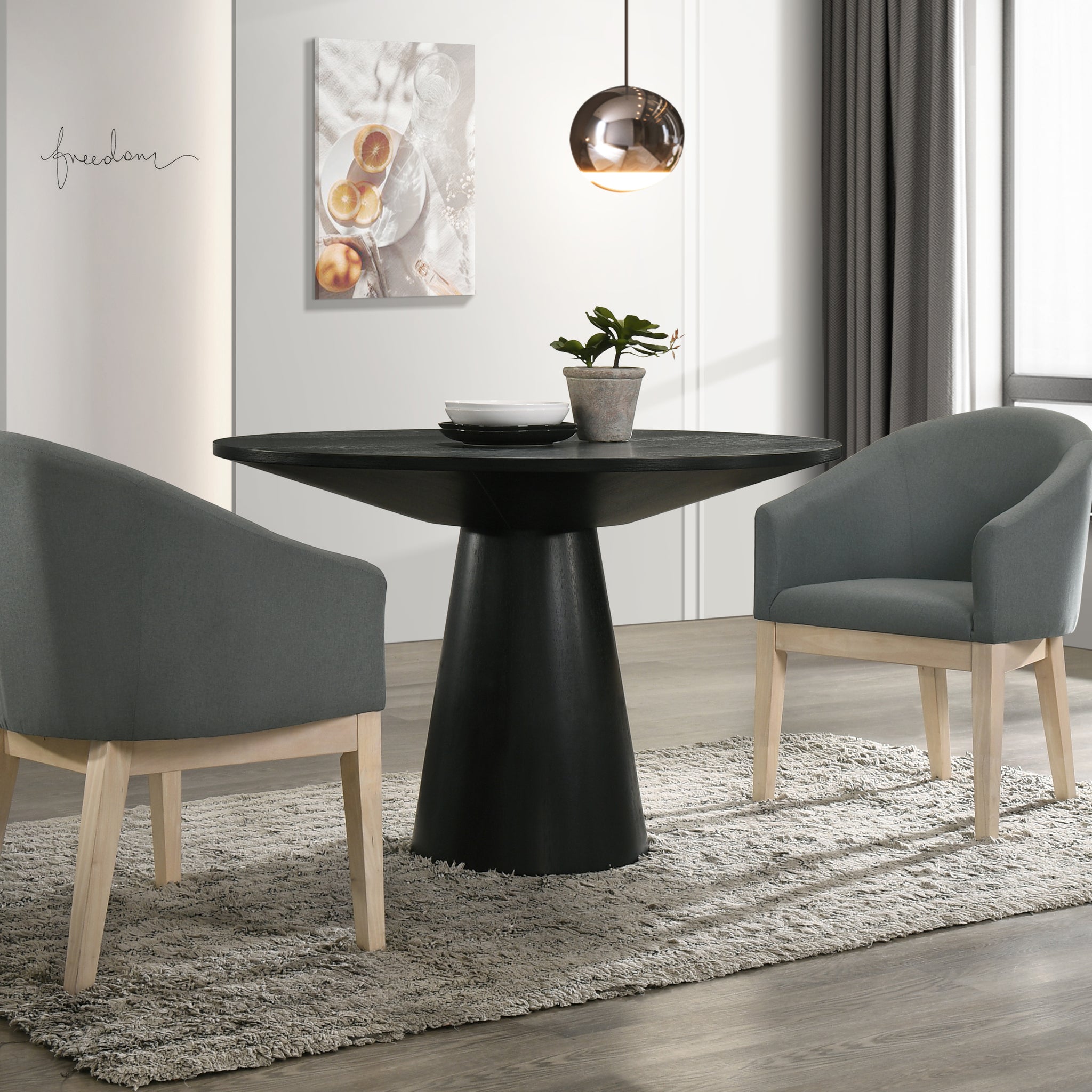 Jasper Ebony Black 3 Piece 47" Round Dining Table Set With Gray Barrel Chairs Black Wood