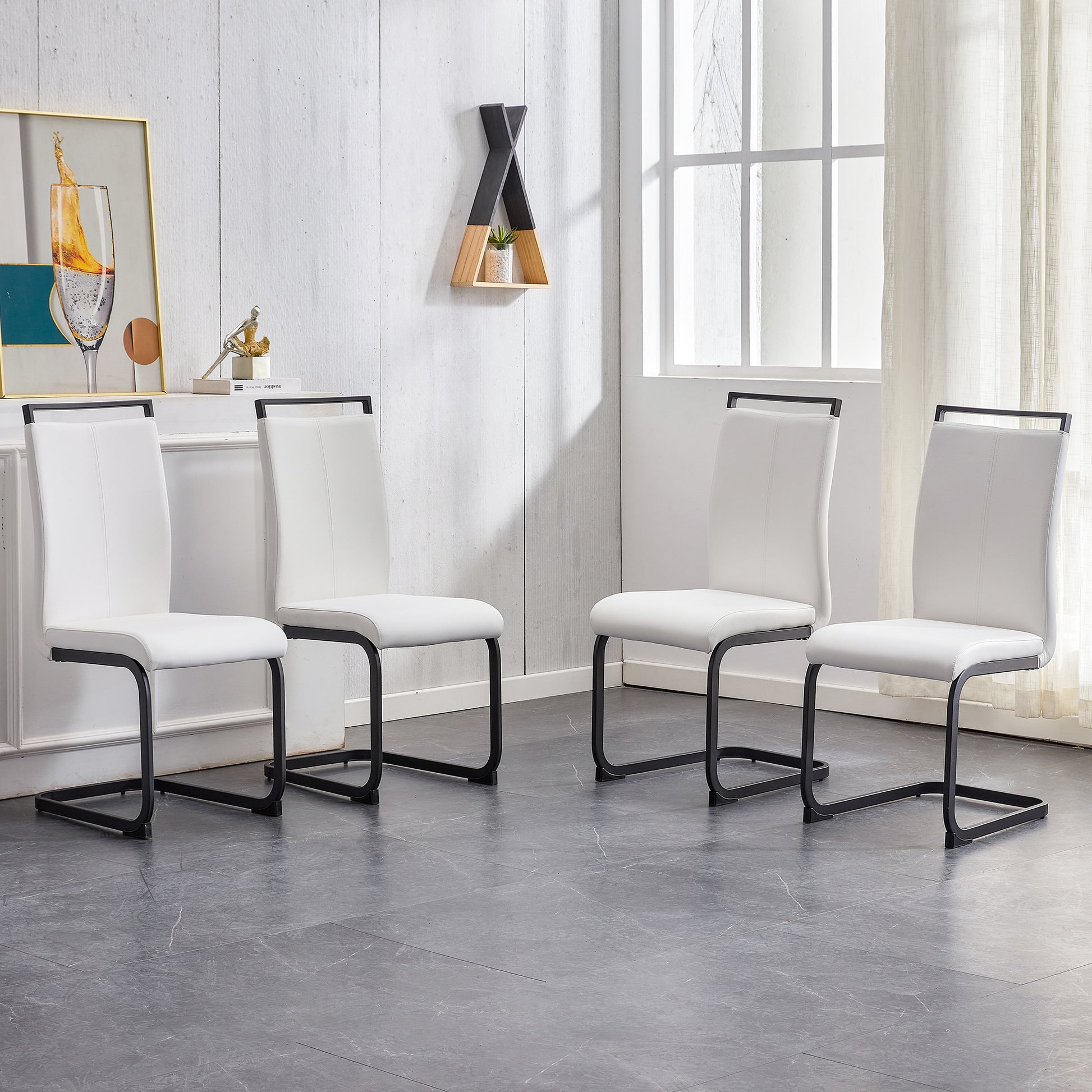 A Table And Four Chairs. The Table Features A Black Imitation Marble Pattern Tabletop And Black Gold Mdf Legs. The Chair Has A White Pu Backrest Cushion And Black Metal Legs. F Sq C 1162 Black Gold Mdf Glass