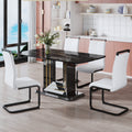 A Table And Four Chairs. The Table Features A Black Imitation Marble Pattern Tabletop And Black Gold Mdf Legs. The Chair Has A White Pu Backrest Cushion And Black Metal Legs. F Sq C 1162 Black Gold Mdf Glass