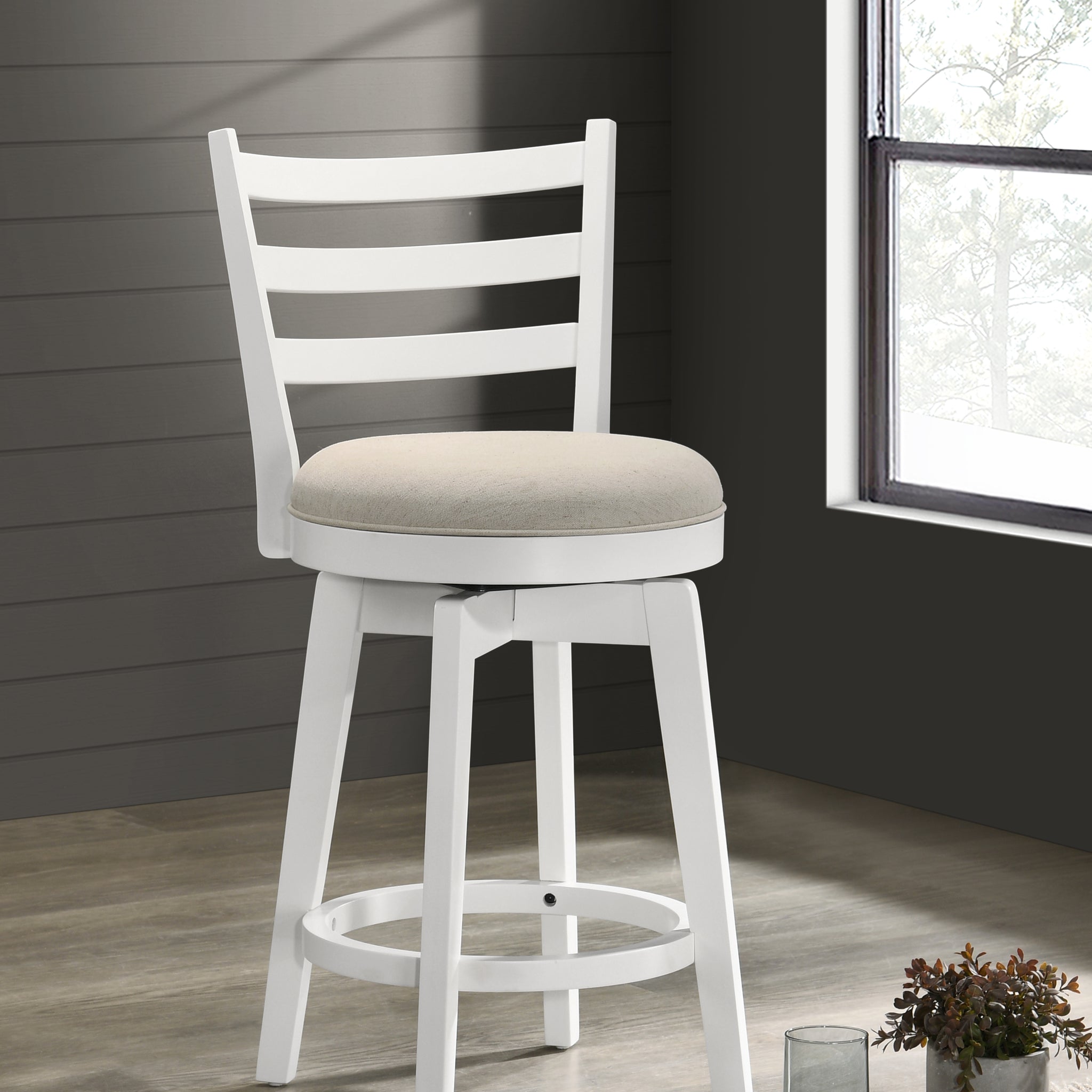 Joplin 20.5" White Ladder Back Counter Height Swivel Chair With Upholstered Seat White Wood