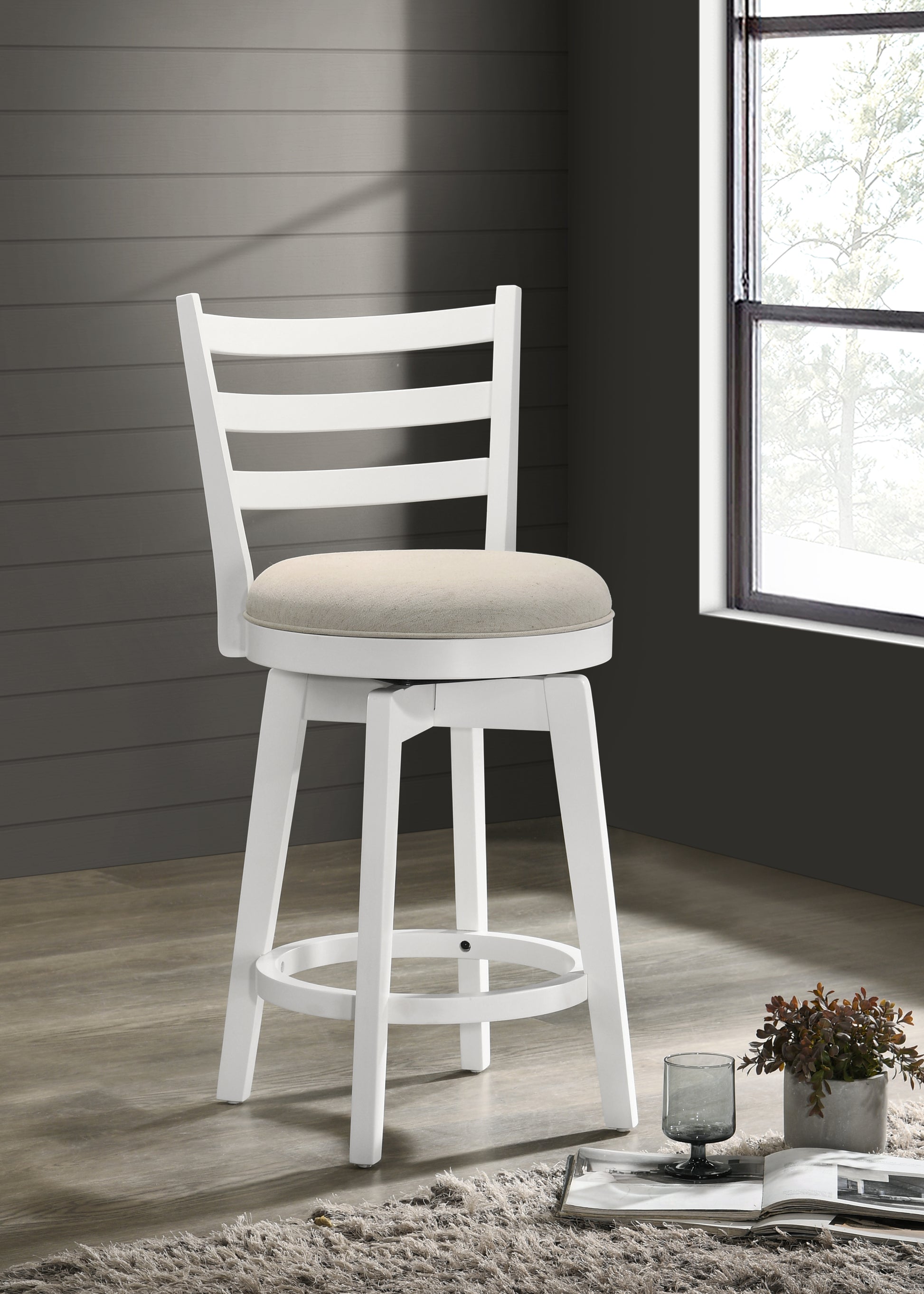 Joplin 20.5" White Ladder Back Counter Height Swivel Chair With Upholstered Seat White Wood