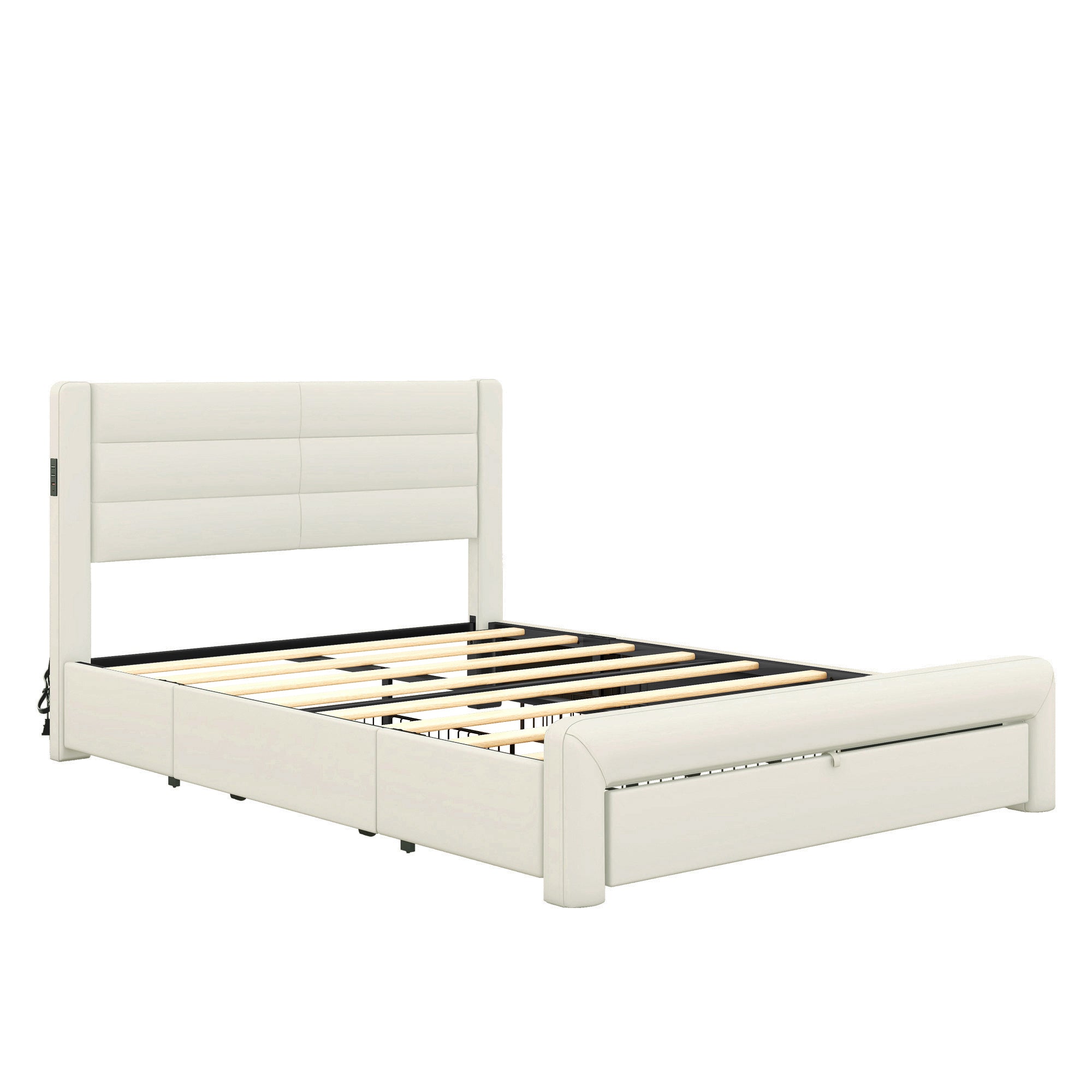 Queen Size Bed Frame with Drawers Storage, Leather queen-beige-pu leather