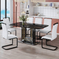 A Table And Six Chairs. The Table Features A Black Imitation Marble Pattern Tabletop And Black Gold Mdf Legs. The Chair Has A White Pu Backrest Cushion And Black Metal Legs. F Sq C 1162 Black Gold Mdf Glass