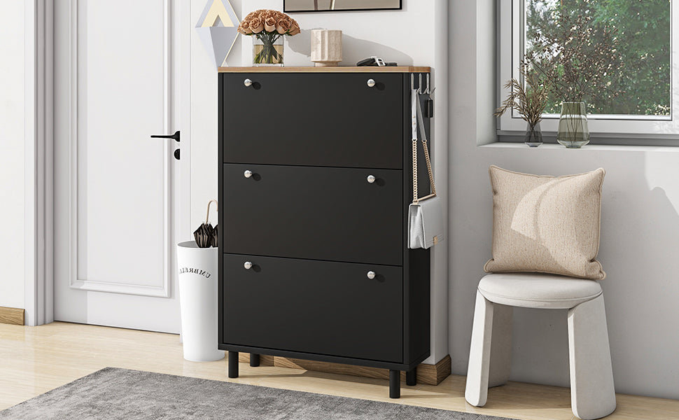 Narrow Design Shoe Cabinet With 3 Flip Drawers, Wood Grain Pattern Top Entryway Organizer With 3 Hooks, Free Standing Shoe Rack With Adjustable Panel For Hallway, Black Freestanding 3 4 Drawers Black Primary Living Space Shelves Included Particle Board