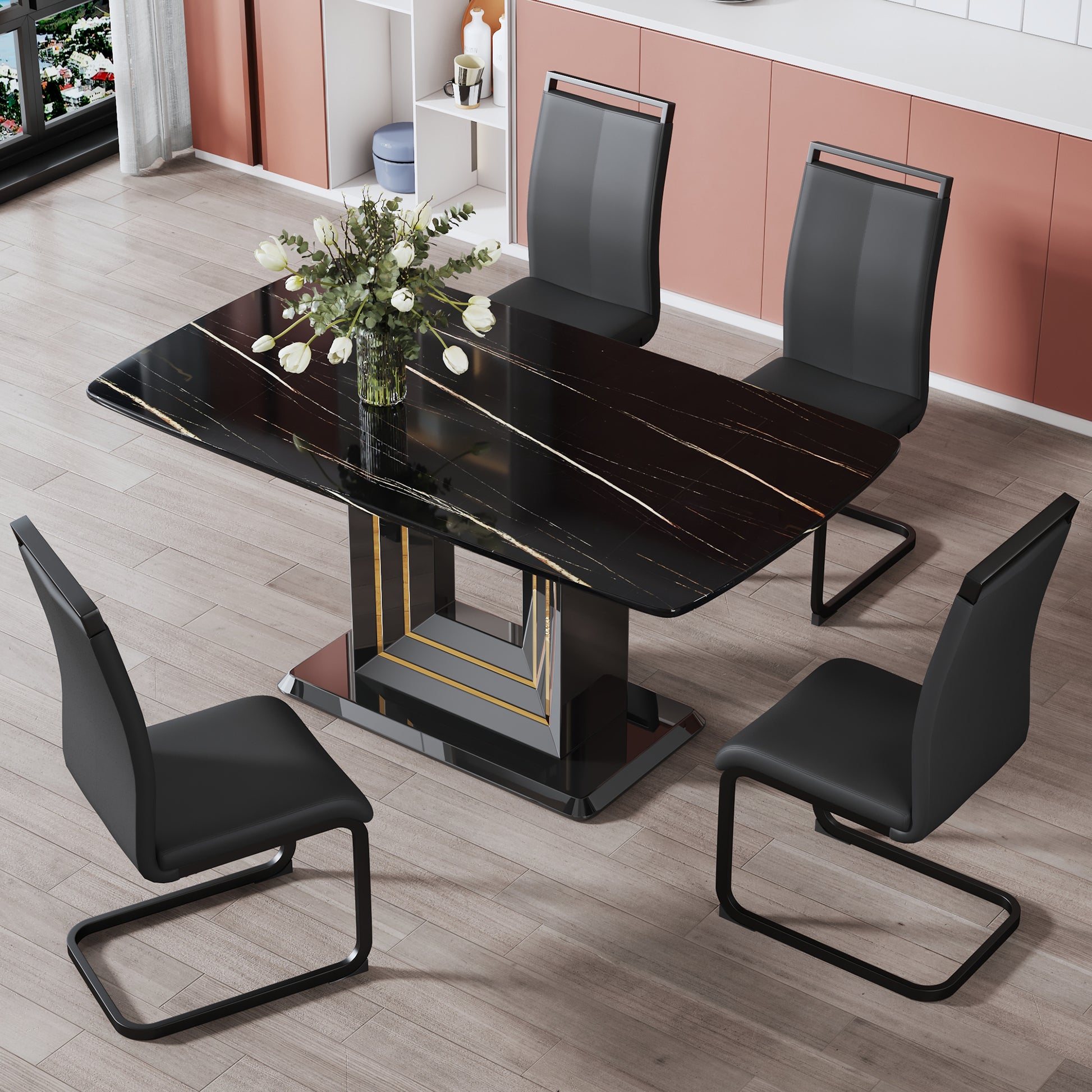 A Table And Four Chairs. The Table Features A Black Imitation Marble Pattern Tabletop And Black Gold Mdf Legs. The Chair Has A Black Pu Backrest Cushion And Black Metal Legs. F Sq C 1162 Black Gold Mdf Glass