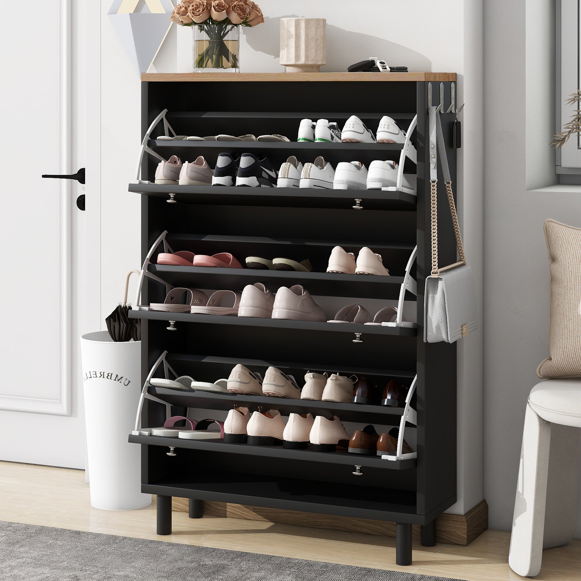 Narrow Design Shoe Cabinet With 3 Flip Drawers, Wood Grain Pattern Top Entryway Organizer With 3 Hooks, Free Standing Shoe Rack With Adjustable Panel For Hallway, Black Freestanding 3 4 Drawers Black Primary Living Space Shelves Included Particle Board