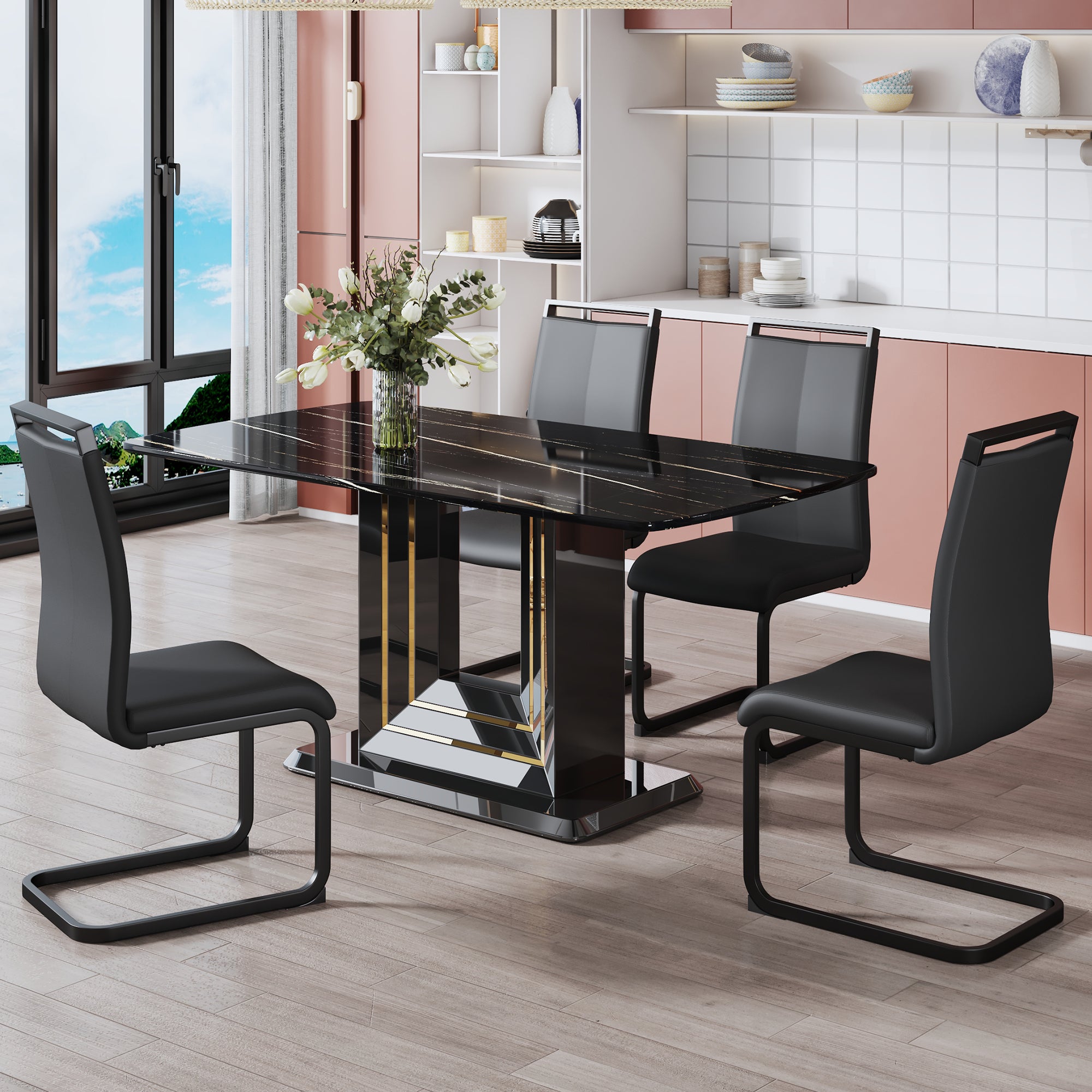 A Table And Four Chairs. The Table Features A Black Imitation Marble Pattern Tabletop And Black Gold Mdf Legs. The Chair Has A Black Pu Backrest Cushion And Black Metal Legs. F Sq C 1162 Black Gold Mdf Glass