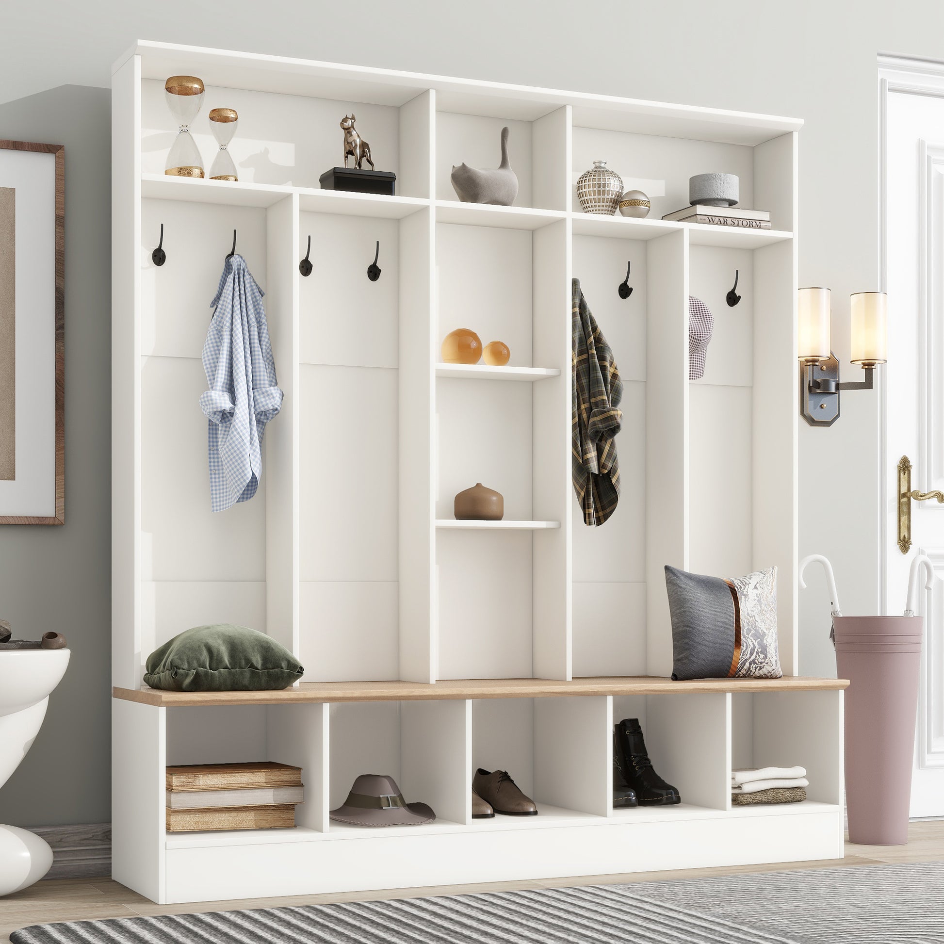 Wide Design Hall Tree With Storage Bench, Minimalist Shoe Cabinet With
