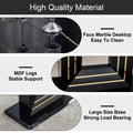 A Table And Six Chairs. The Table Features A Black Imitation Marble Pattern Tabletop And Black Gold Mdf Legs. The Chair Has A White Pu Backrest Cushion And Black Metal Legs. F Sq C 1162 Black Gold Mdf Glass