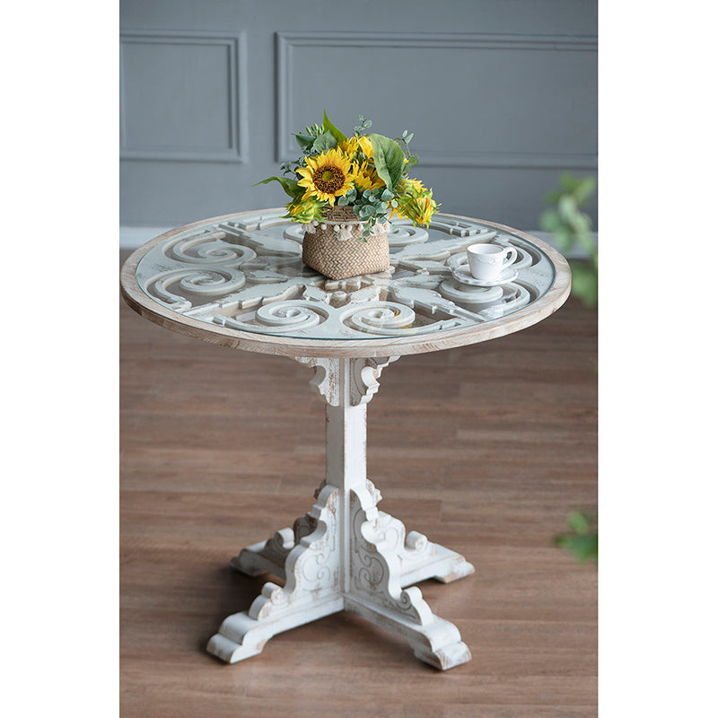24X28.5" Round Wooden Carved Table, Distressed White Finish Design Antique White Primary Living Space Antique,French Country,Retro,Rustic,Vintage Wood