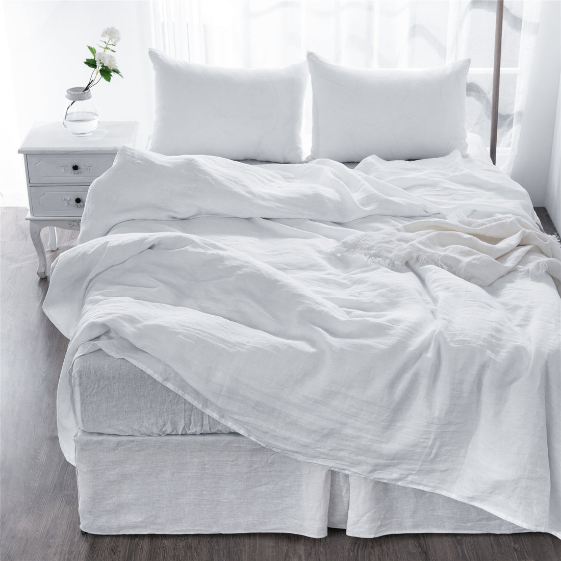 4 Pcs Bedding Sets Queen, Premium Linen Bedding Sheets & Pillowcases, Queen Bedding Sets, White Bedding Sheet & Pillowcase Sets White Linen Linen