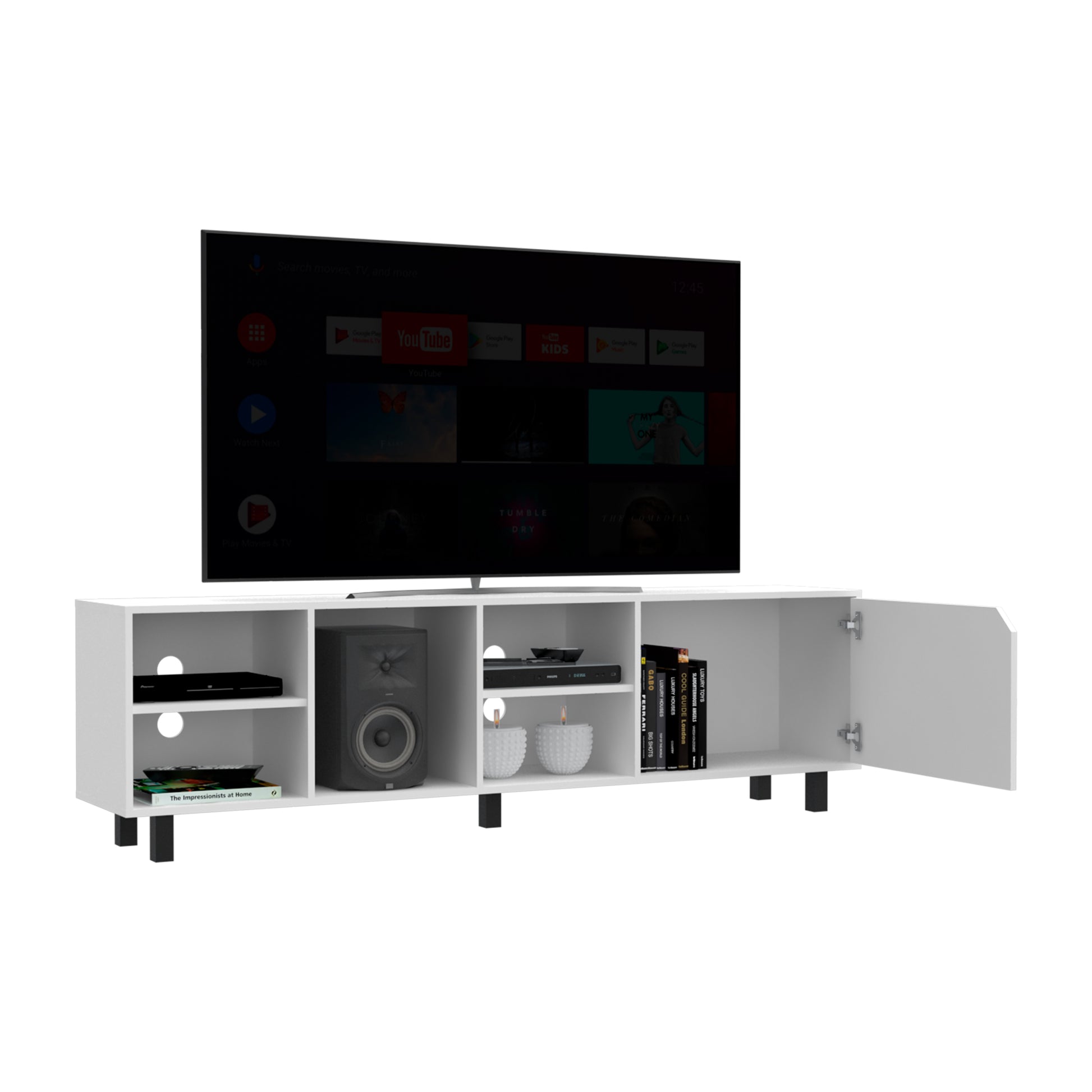 Tv Stand For Tv S Up 70" Estocolmo, Four Open Shelves, White Finish White 50 59 Inches Particle Board