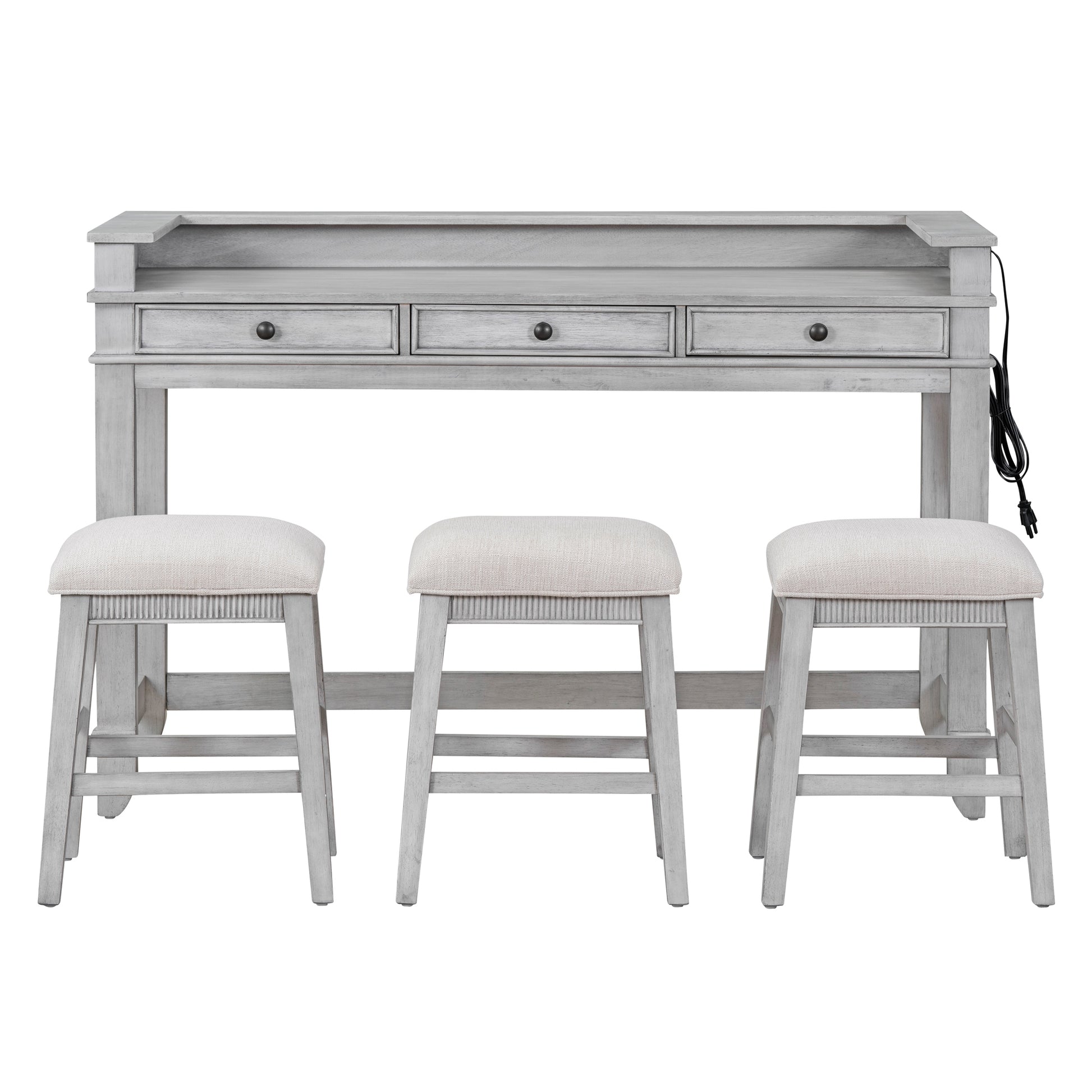 Txrem 4 Piece Dining Bar Table Set With 3 Upholstered Stools, Multifunctional Dining Table With 3 Drawers Gray Gray Rubber Wood