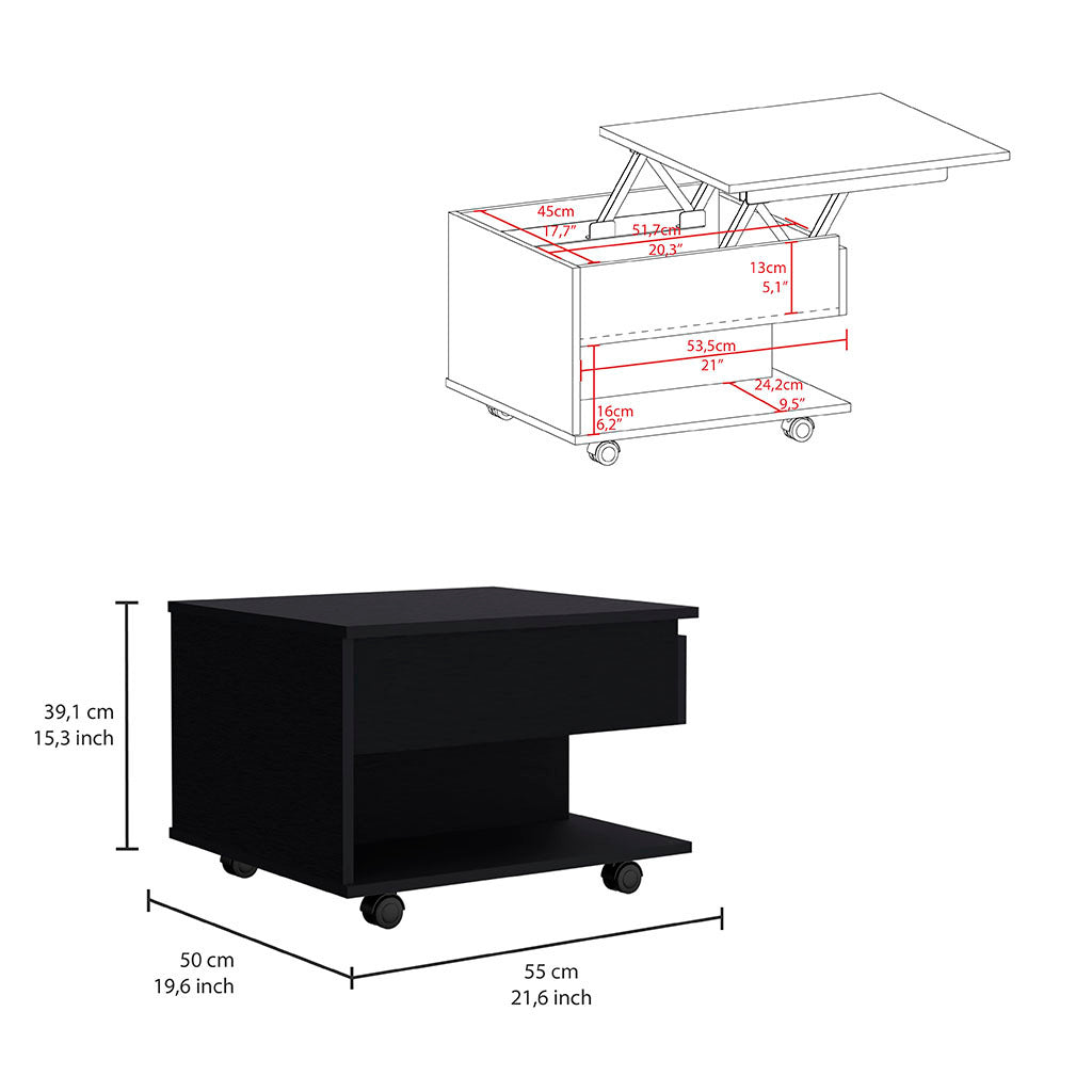 Lift Top Coffee Table Mercuri, Casters, Black Wengue Finish Black Particle Board