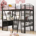 Full Size Loft Bed With 4 Layers Of Shelves And L Shaped Desk, Stylish Metal Frame Bed With A Set Of Sockets, Usb Ports And Wireless Charging, Black Black Metal