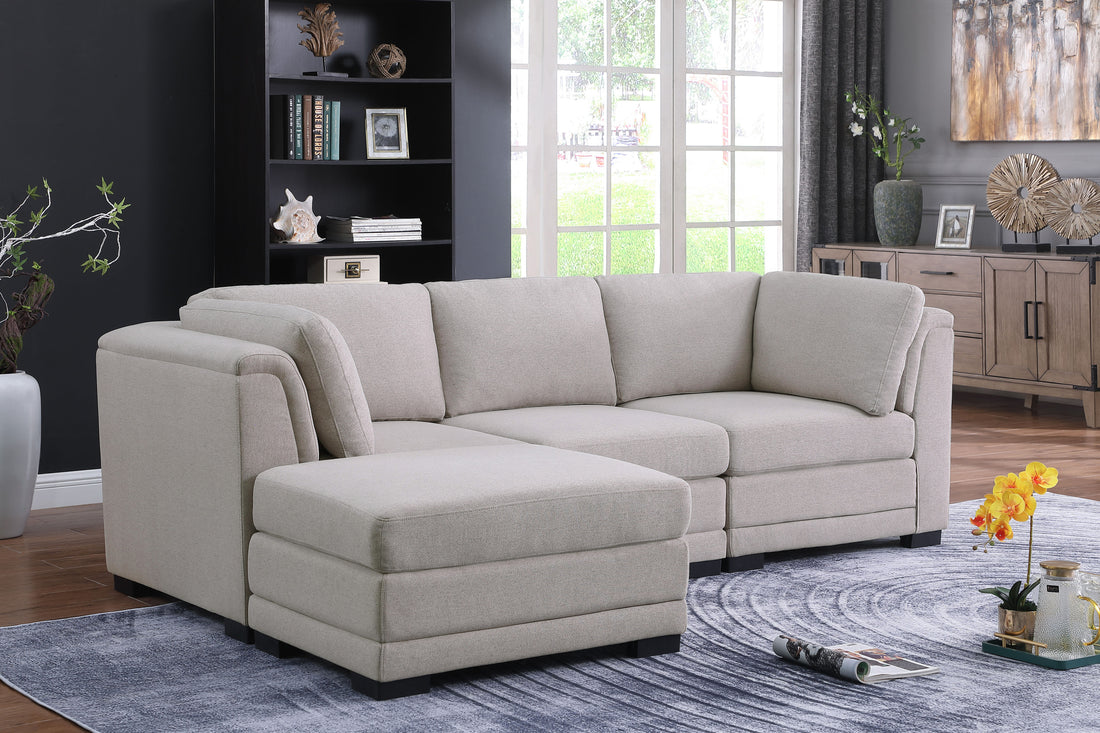 Kristin 96" Light Gray Linen Fabric Reversible Sectional Sofa With Ottoman Light Gray Linen