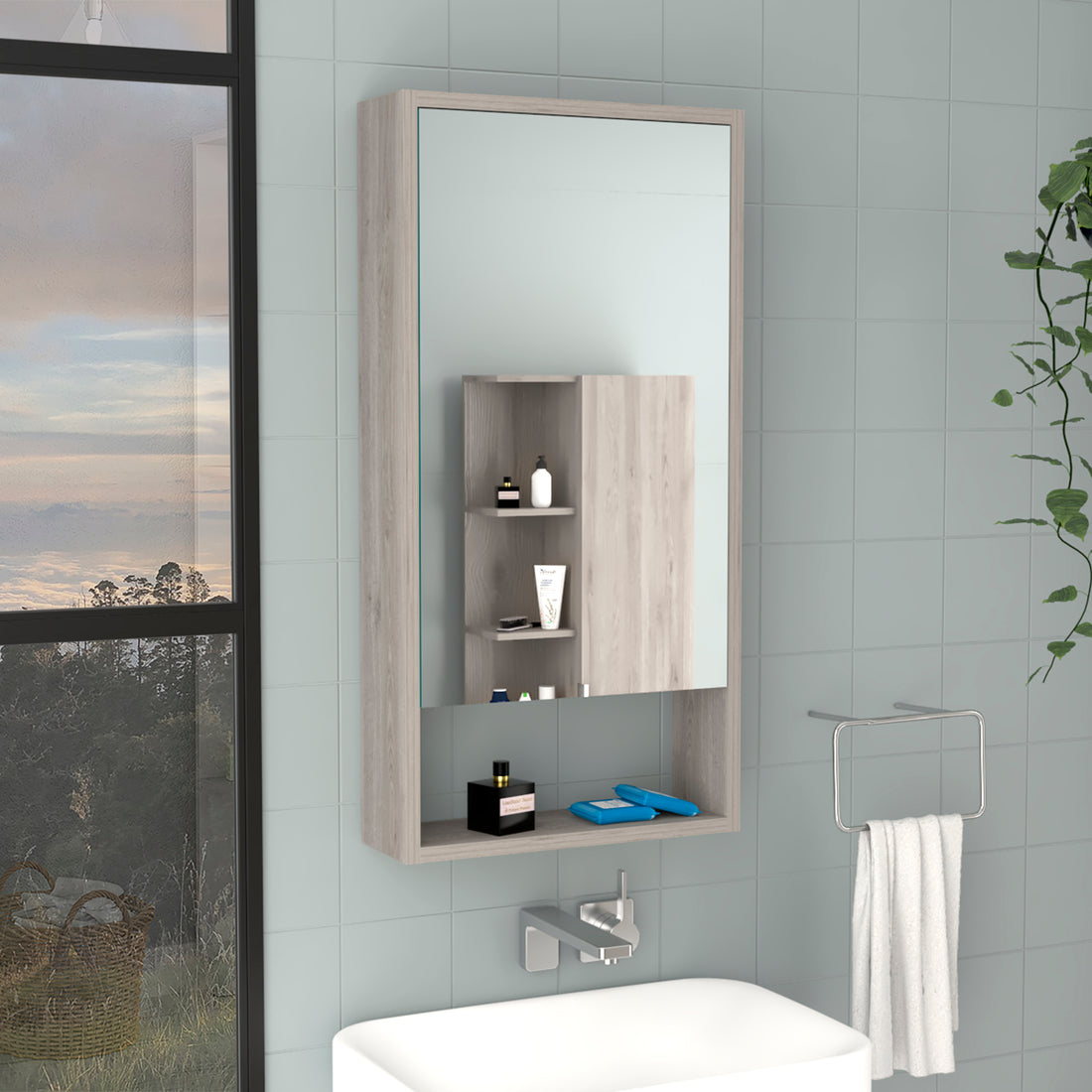 Medicine Cabinet Irvine, One External Shelf, Light Gray Finish Light Gray Particle Board