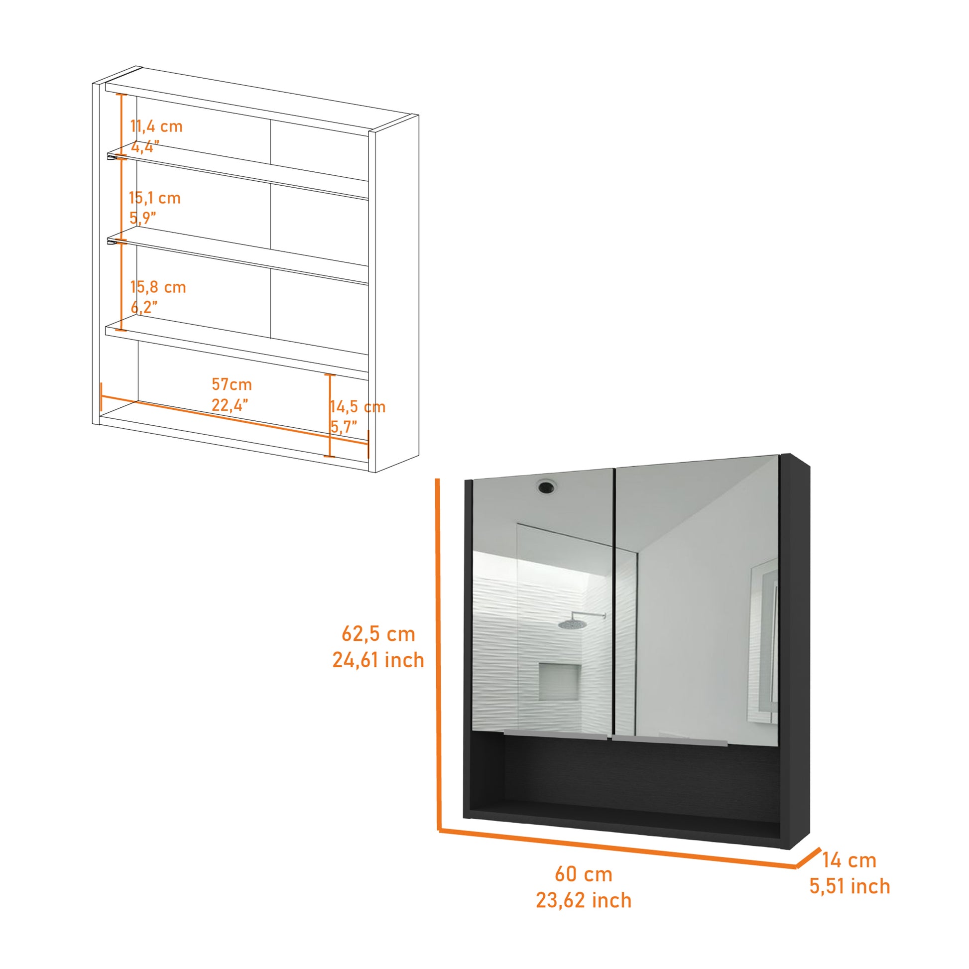 Medicine Cabinet With Mirror Lexington,Three Internal Shelves, Black Wengue Finish Black Particle Board