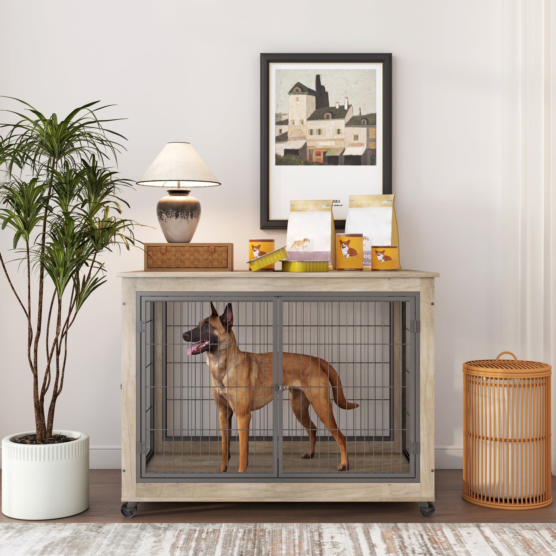 Furniture Style Dog Crate Side Table On Wheels With Double Doors And Lift Top. Grey, 43.7'' W X 30'' D X 31.1'' H. Grey Particle Board