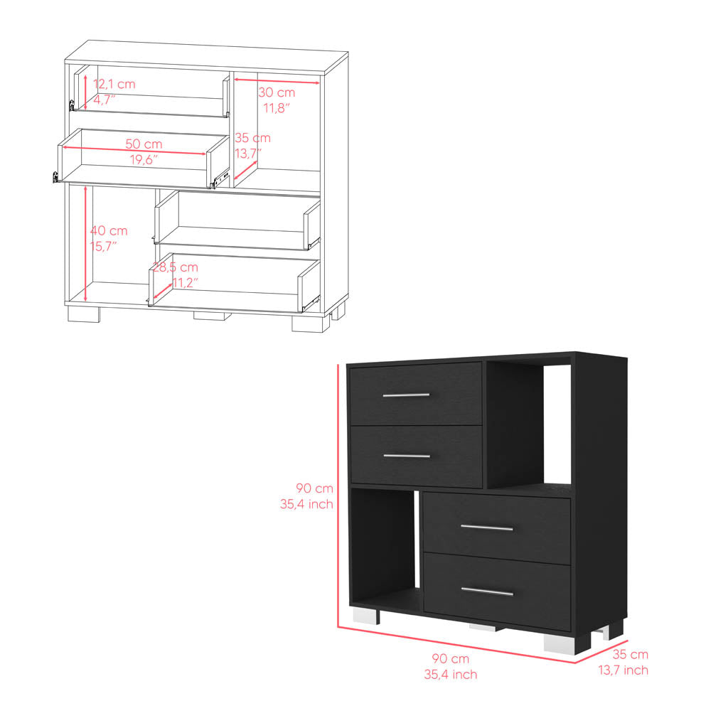 Dresser Hetzs, Four Drawers, Two Open Shelves, Black Wengue Finish Black Particle Board