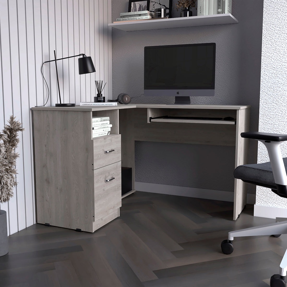 L Shaped Desk Bradford, Keyboard Shelf, Light Gray Finish Light Gray Particle Board