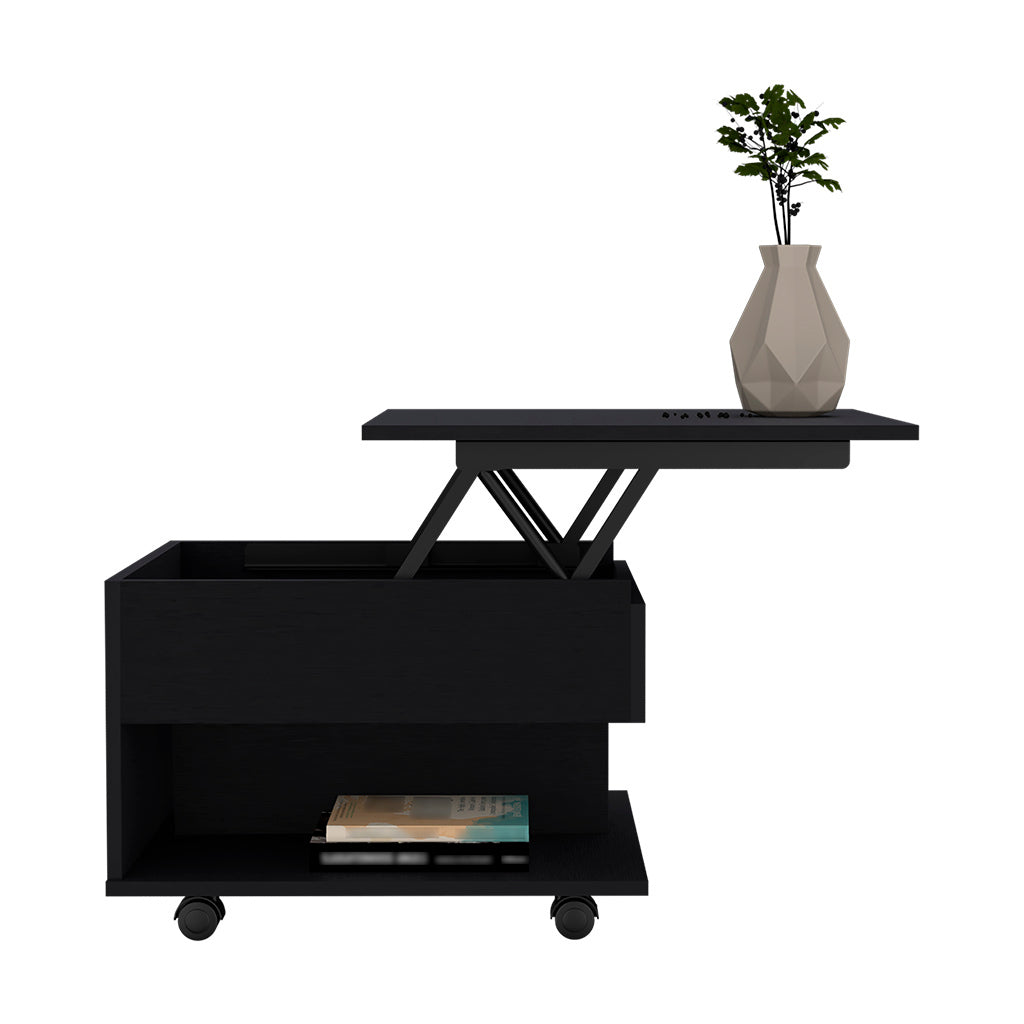 Lift Top Coffee Table Mercuri, Casters, Black Wengue Finish Black Particle Board