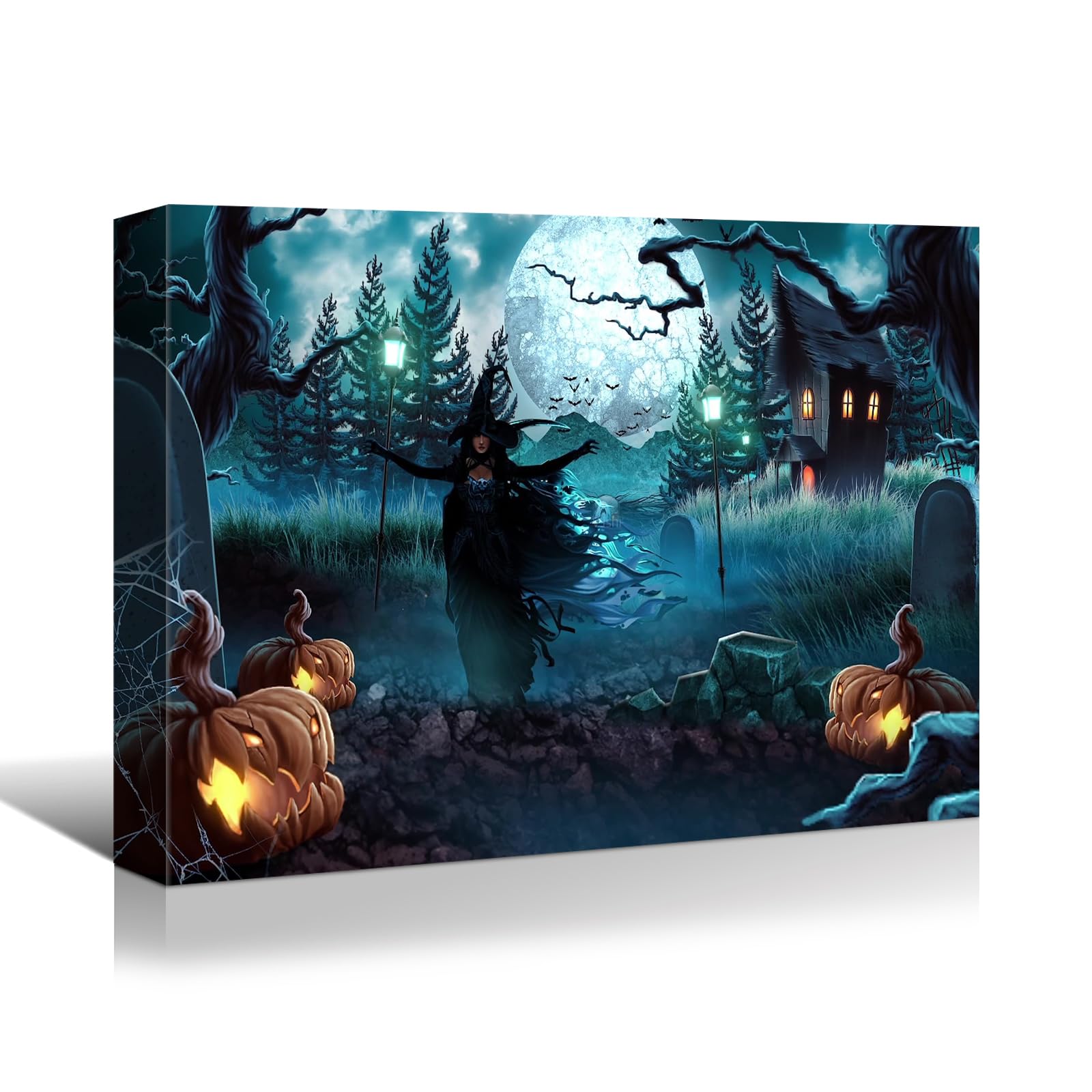 Drop Ping Framed Canvas Wall Art Decor Painting For Halloween, Witch In Haunted Grave Yard Painting For Halloween Gift, Decoration For Halloween Living Room, Bedroom Decor Ready To Hang Rectangle Wrapped Canvas Multicolor Halloween Mini 10In 17In