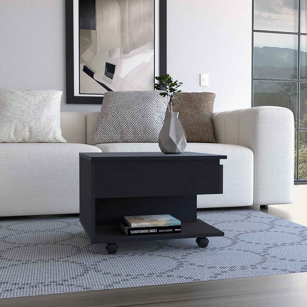 Lift Top Coffee Table Mercuri, Casters, Black Wengue Finish Black Particle Board