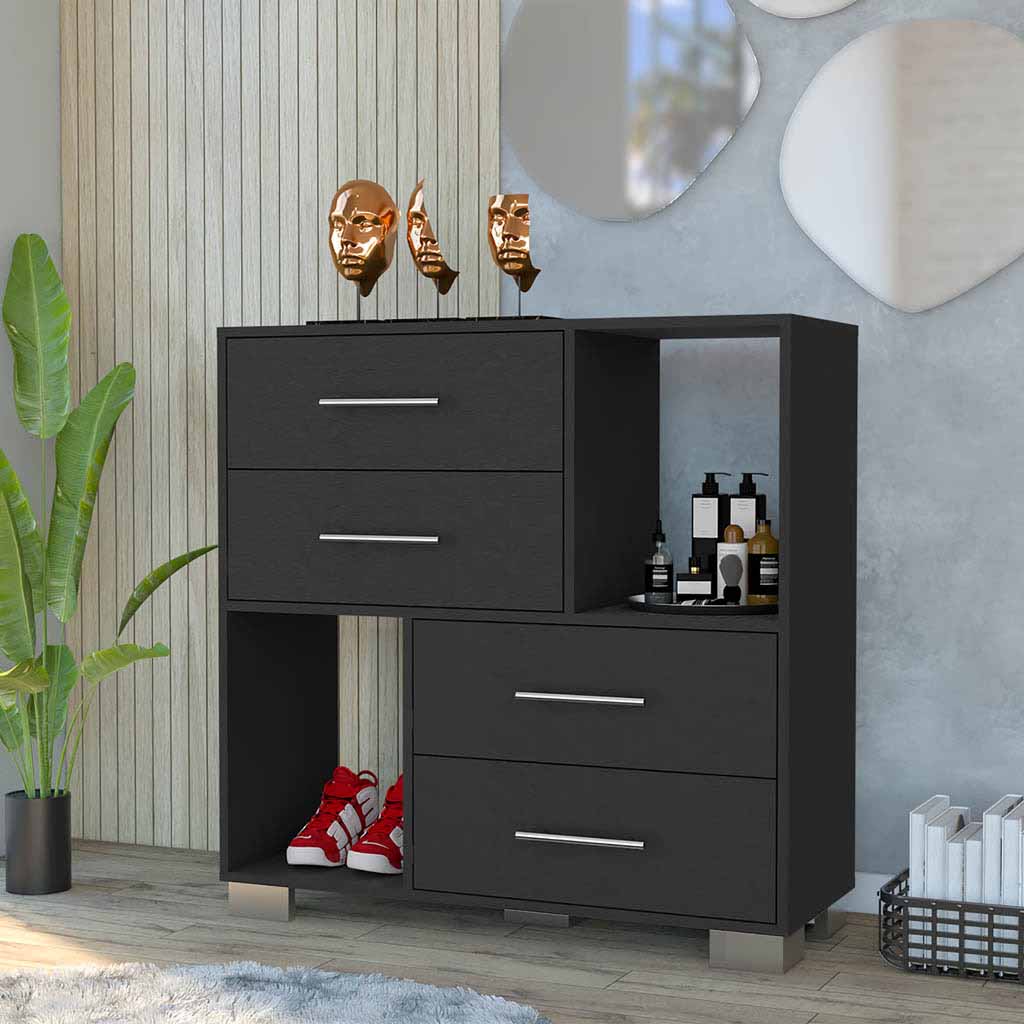 Dresser Hetzs, Four Drawers, Two Open Shelves, Black Wengue Finish Black Particle Board